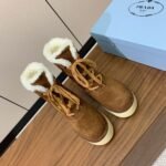 Prada Lambswool Lace-up Long Boots Brown