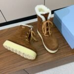 Prada Lambswool Lace-up Long Boots Brown