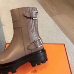 Hermes Kelly 24ss Leather Ankle Boots Grey Khaki