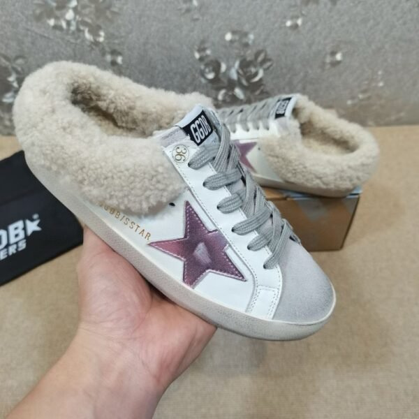 Golden Goose Deluxe Brand Vs-STAR Pink Star White Leather Wool Slippers