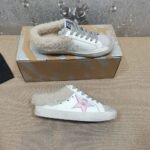 Golden Goose Deluxe Brand Vs-STAR Pink Star White Leather Wool Slippers