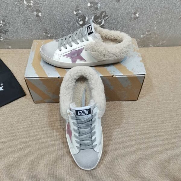 Golden Goose Deluxe Brand Vs-STAR Pink Star White Leather Wool Slippers