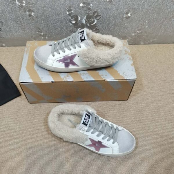 Golden Goose Deluxe Brand Vs-STAR Pink Star White Leather Wool Slippers