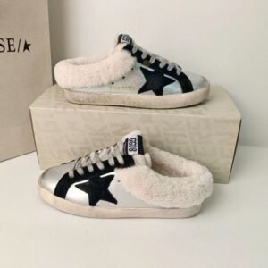 Golden Goose Deluxe Brand Super STAR Black Star Silver Leather Wool Lined Slippers