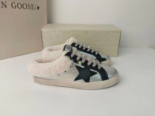Golden Goose Deluxe Brand Super STAR Black Star Silver Leather Wool Lined Slippers
