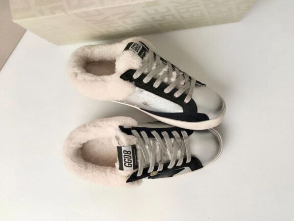 Golden Goose Deluxe Brand Super STAR Black Star Silver Leather Wool Lined Slippers