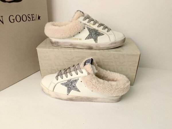 Golden Goose  Deluxe Brand Super STAR Silver Star White Leather Wool Lined Slippers