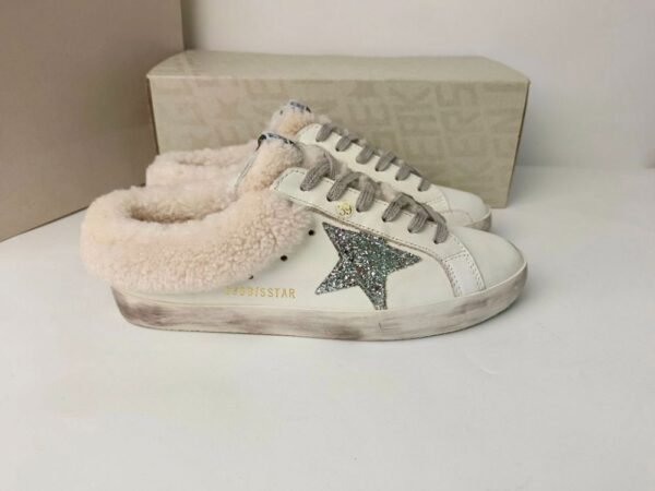 Golden Goose  Deluxe Brand Super STAR Silver Star White Leather Wool Lined Slippers