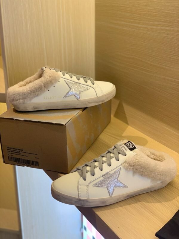 Golden Goose Deluxe Brand Super-Star Silver Star White Leather Wool Slippers