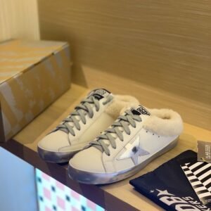 Golden Goose Deluxe Brand Super-Star Silver Star White Leather Wool Slippers