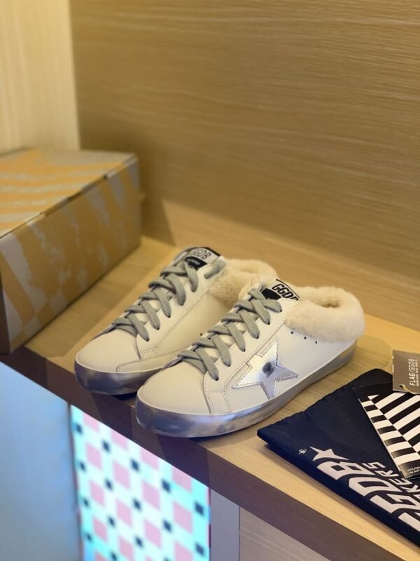 Golden Goose Deluxe Brand Super-Star Silver Star White Leather Wool Slippers