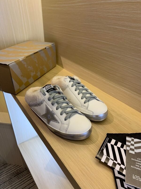 Golden Goose Deluxe Brand Super-Star Silver Star White Leather Wool Slippers