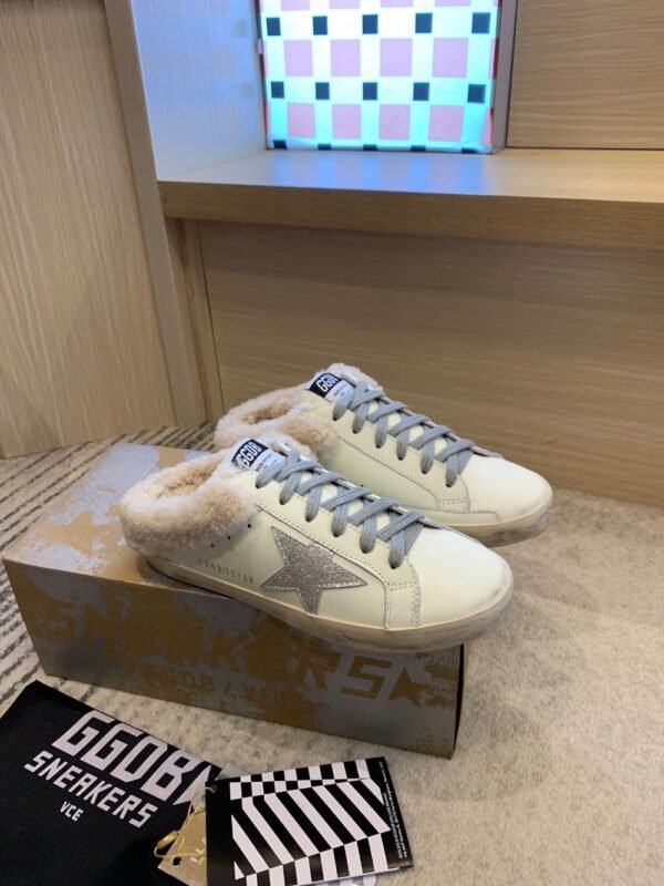 Golden Goose Deluxe Brand Super-Star Silver Star White Leather Wool Slippers