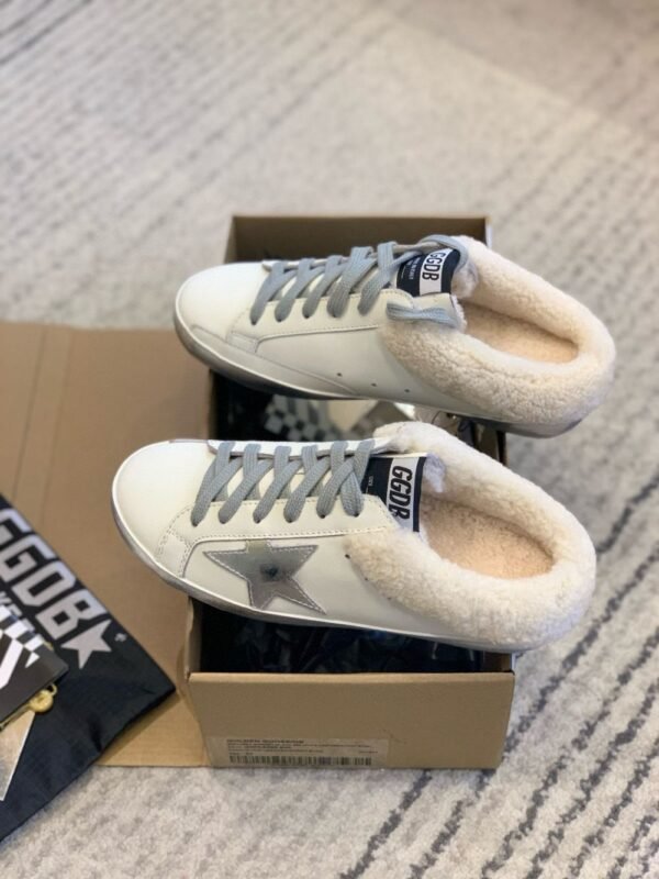 Golden Goose Deluxe Brand Super-Star Silver Star White Leather Wool Slippers