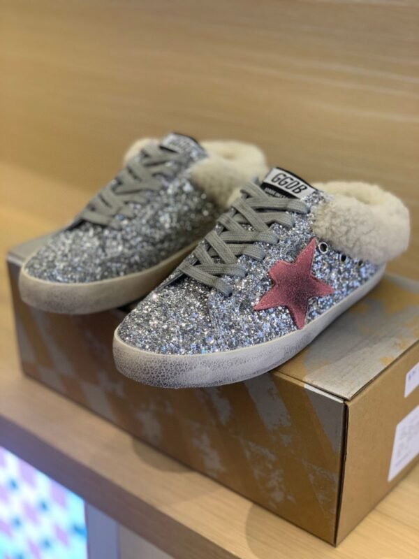 Golden Goose Deluxe Brand Super-Star Pink Star Silver Flake Wool Slippers