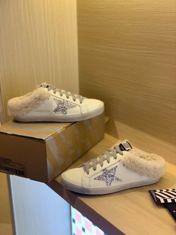 Golden Goose Deluxe Brand Super-Star Silver Star White Leather Wool Slippers