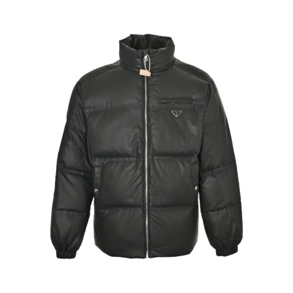 Prada 24ss leather enamel logo stand collar down jacket