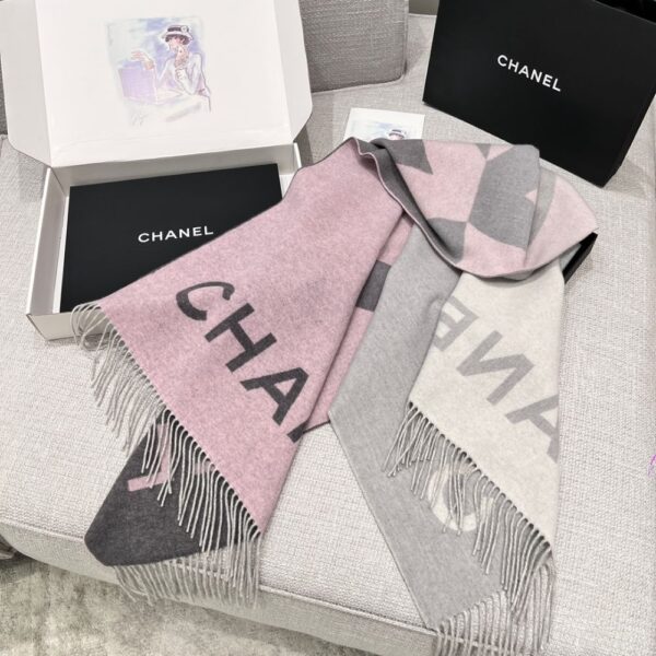 Chanel Stitched Large Logo Shawl Pink Grey