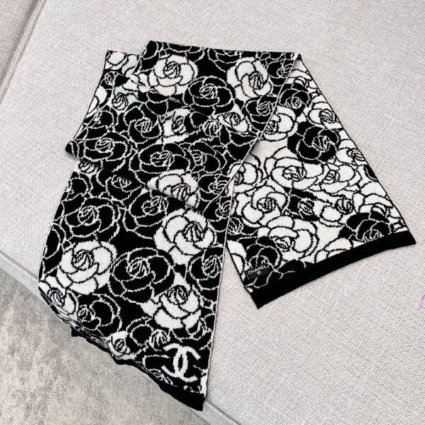 Chanel Camellia Scarf Black White