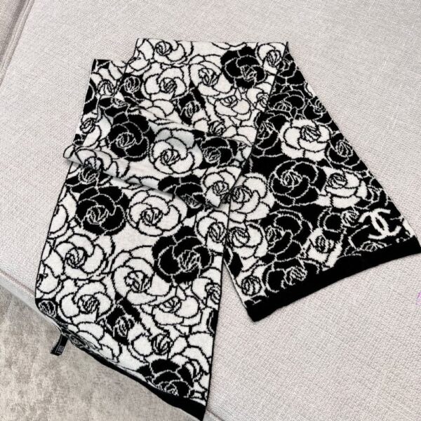 Chanel Camellia Scarf Black White