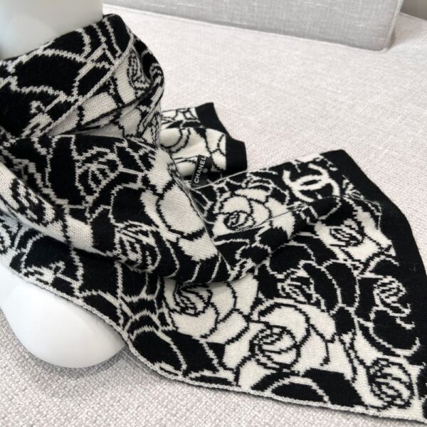 Chanel Camellia Scarf Black White