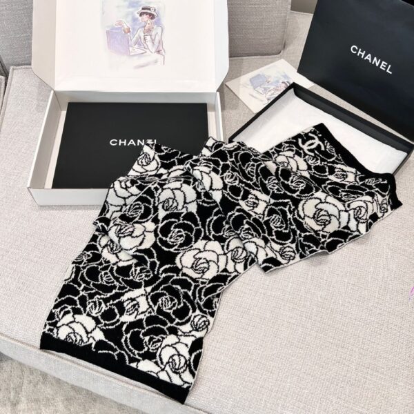 Chanel Camellia Scarf Black White