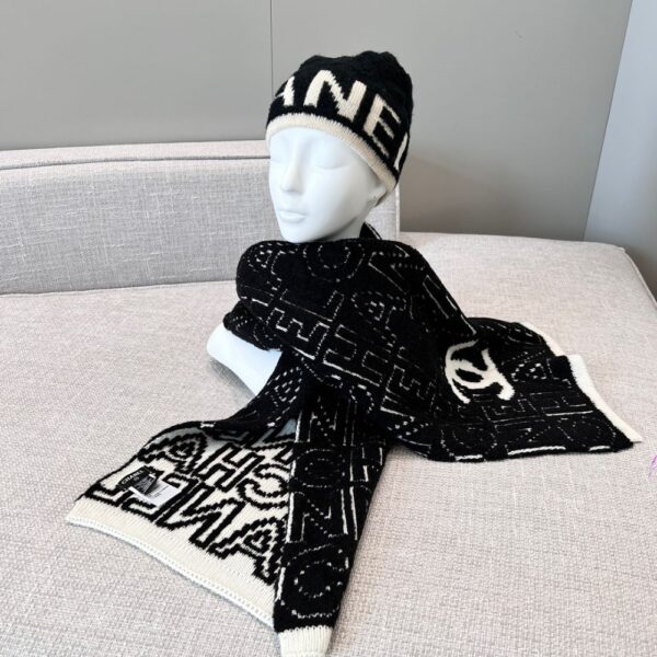 Chanel Letter Overlap Scarf Hat Black White