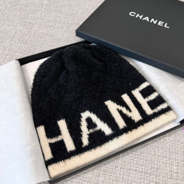 Chanel Letter Overlap Scarf Hat Black White