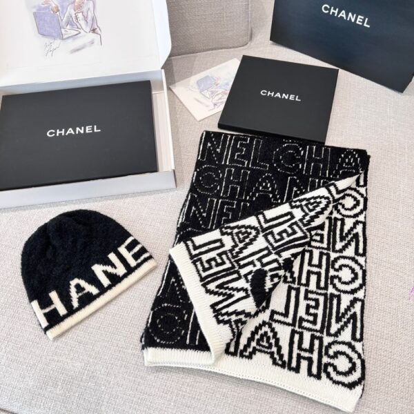 Chanel Letter Overlap Scarf Hat Black White